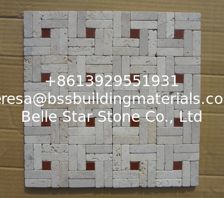 Natural Stone Mosaic China White Travertine Wall Mosaic with Red Stone for Wall Decoration