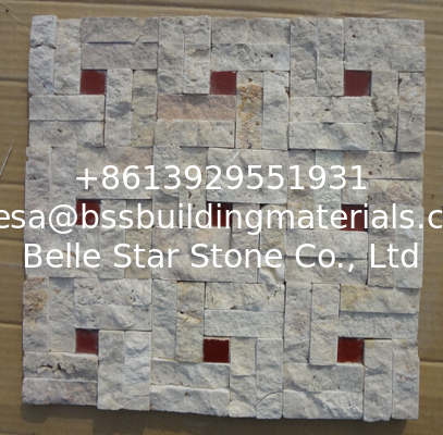 Natural Stone Mosaic China White Travertine Wall Mosaic with Red Stone for Wall Decoration
