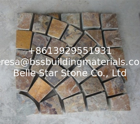 China Rusty Slate Split Face Flagstone Pavers Slate Meshed Flagstone Multicolor Fan Pattern Wall