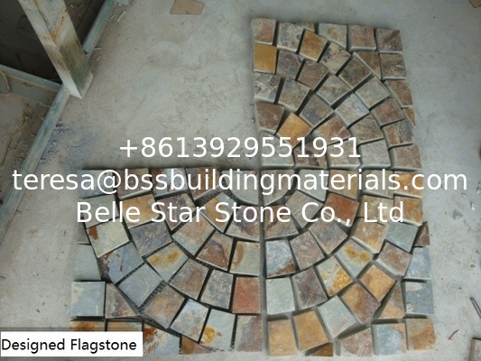 China Rusty Slate Split Face Flagstone Pavers Slate Meshed Flagstone Multicolor Fan Pattern Wall