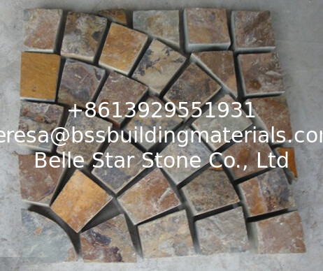 China Rusty Slate Split Face Flagstone Pavers Slate Meshed Flagstone Multicolor Fan Pattern Wall