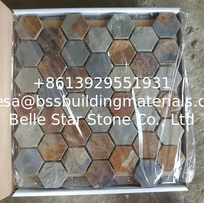 China Rusty Slate Stone Mosaic Tile Natural Mosaic Pattern Multicolor Slate Mosaic Wall Tiles