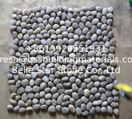 White Pebble Mosaic,White Cobble Stone On Mesh,River Stone Mosaic Sheet,Meshed Pebbles