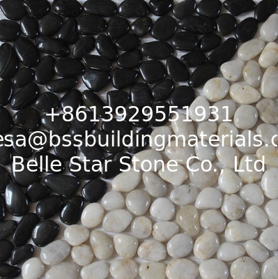 White Mixed Black Pebble Mosaic,Polished Cobble Stone On Mesh,River Stone Mosaic Sheet,Meshed Pebbles