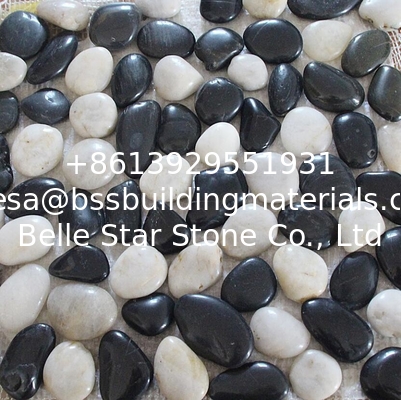 White Mixed Black Pebble Mosaic,Polished Cobble Stone On Mesh,River Stone Mosaic Sheet,Meshed Pebbles