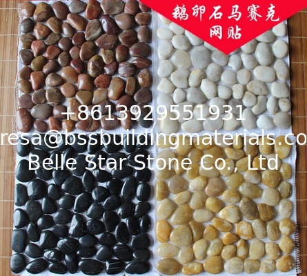 White Mixed Black Pebble Mosaic,Polished Cobble Stone On Mesh,River Stone Mosaic Sheet,Meshed Pebbles