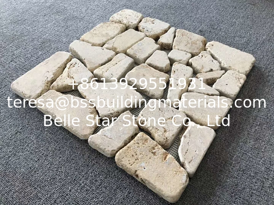 Beige Travertine Meshed Flagstone,Random Stone on Net,Flagstone Walkway,Meshed Pavers