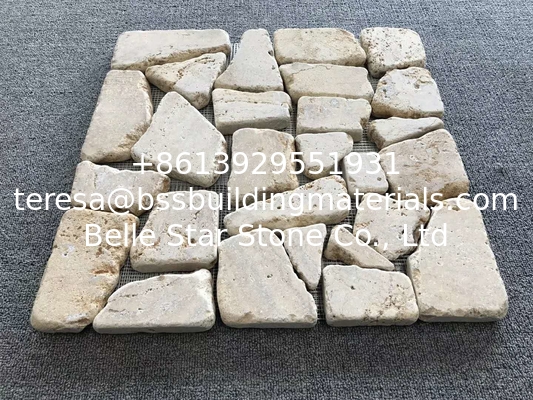 Beige Travertine Meshed Flagstone,Random Stone on Net,Flagstone Walkway,Meshed Pavers